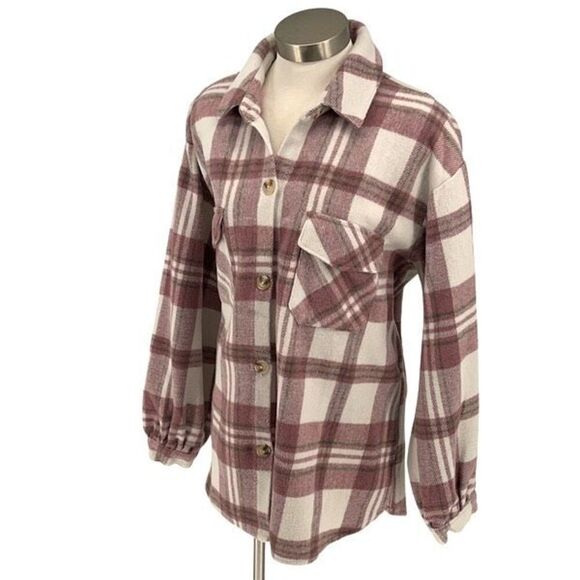 Mud Pie Tops - Mud Pie Womens Plaid Balloon Long‎ Sleeve Flannel Shirt Dusty Rose Size Large